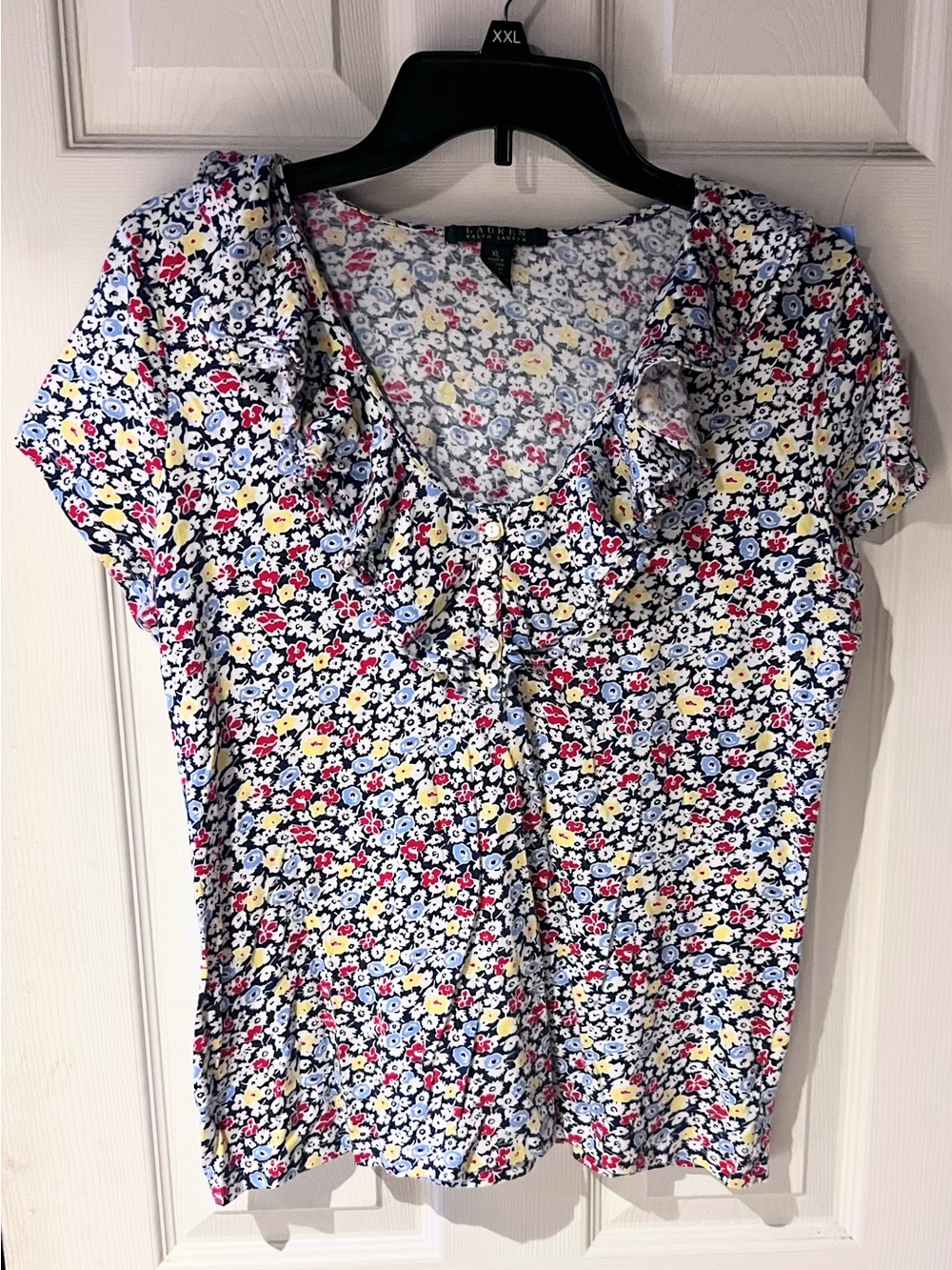 Ralph Lauren Floral Ruffle V-Neck Short Sleeve Top - Navy, White, Yellow, Red